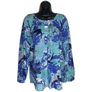 Talbots Top Womens M Blue Popover Shirt Floral Boho Office Career Lightweight
